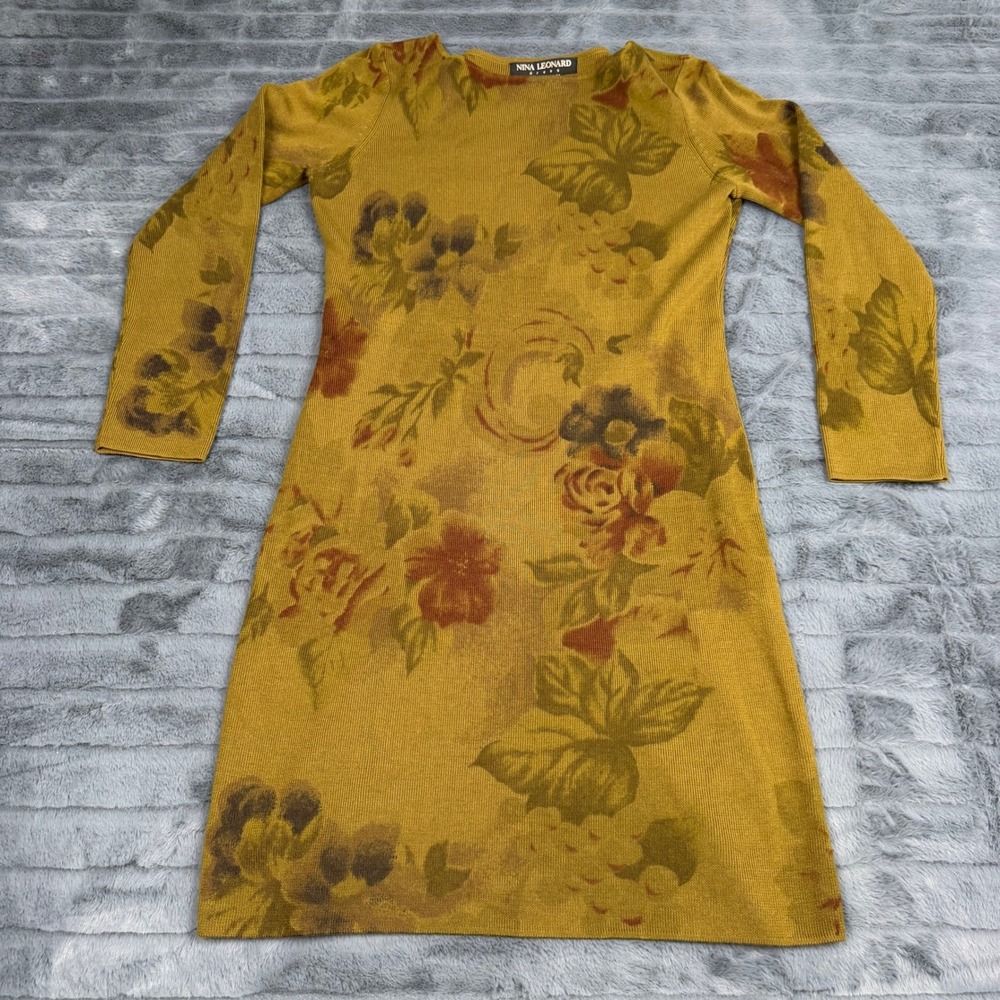 Nina Leonard Mustard Yellow Floral Ribbed Wool Blend Sweater Dress Womens Medium